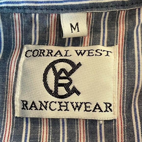 Corral West Ranchwear Blue Vertical Stripe Collard Snap Button Up Shirt Medium - Picture 6 of 7